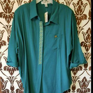 Vtg.80'S-90'S MAGGIE LAWRENCE 3/4 Sleeve TEAL/GOLD Blouse Women's PLUS 22/24